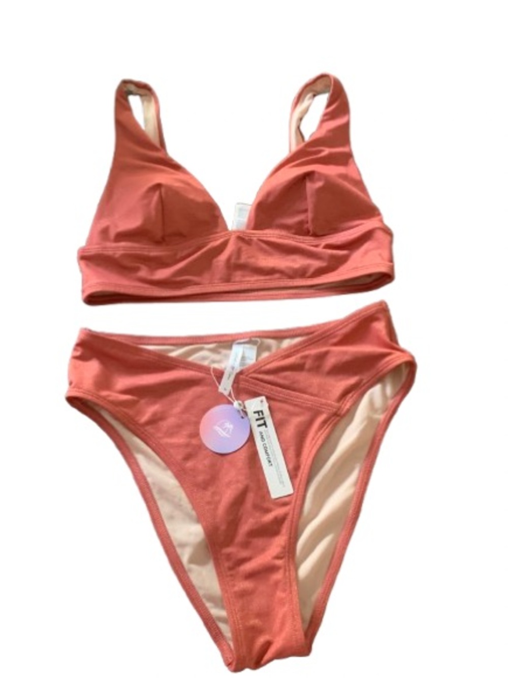NWT CUPSHE Terra Cotta Bikini Set Triangle Top High Leg Bottom Size Medium - Picture 2 of 6